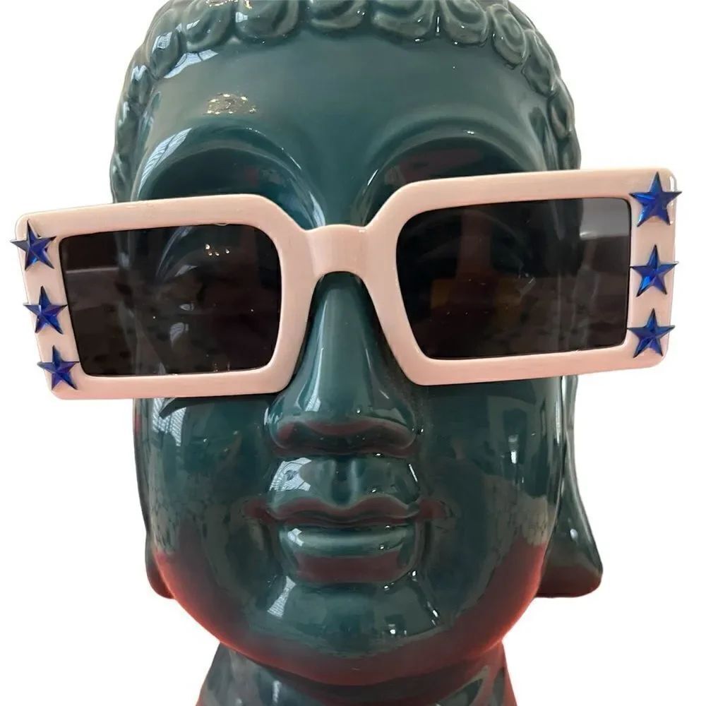 NWOT unbranded square white sunnies with blue star accents